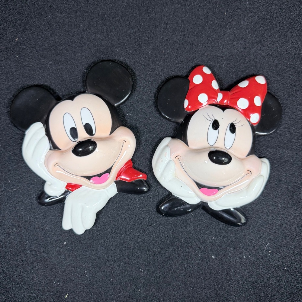 Vintage Disney Enesco Mickey Minnie Mouse Ceramic Wall Plaque Pocket Set‎ Pair⁠